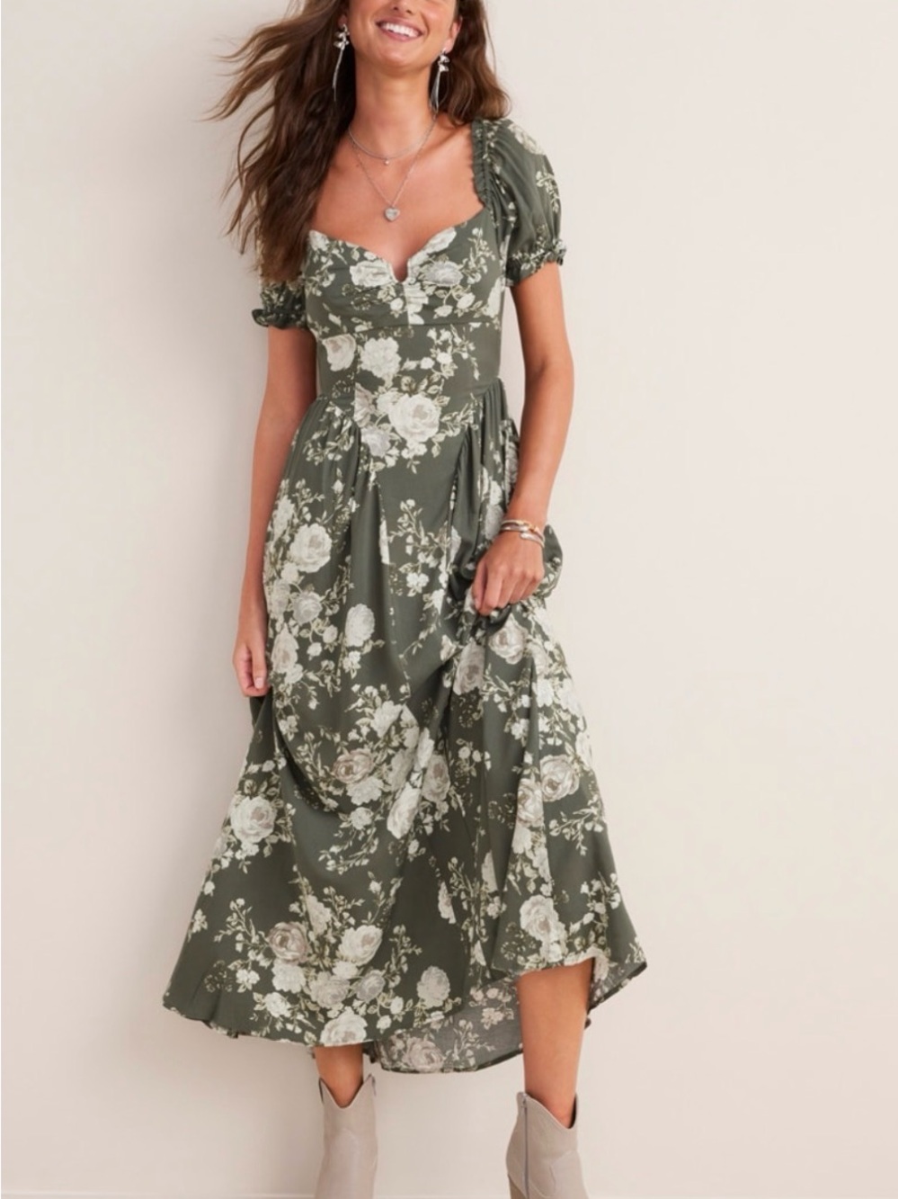 Francesca's Collections Olive Green Lydia Bow Back Floral Maxi Dress